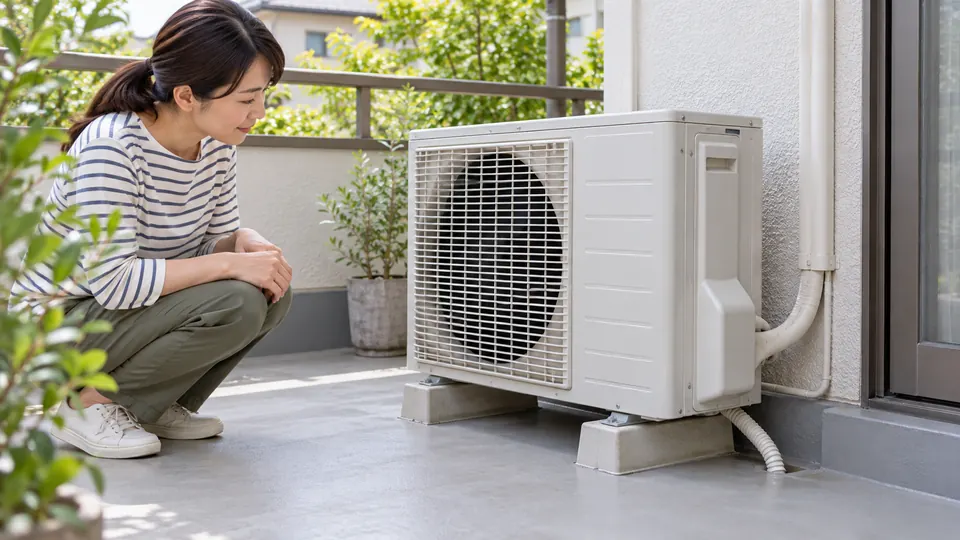 室外機の周囲の落ち葉とドレンホースを外側から確認する様子