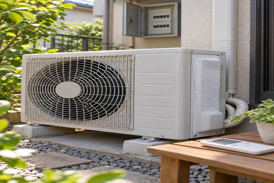 霜が付いたエアコン室外機と分電盤を外側から確認する様子