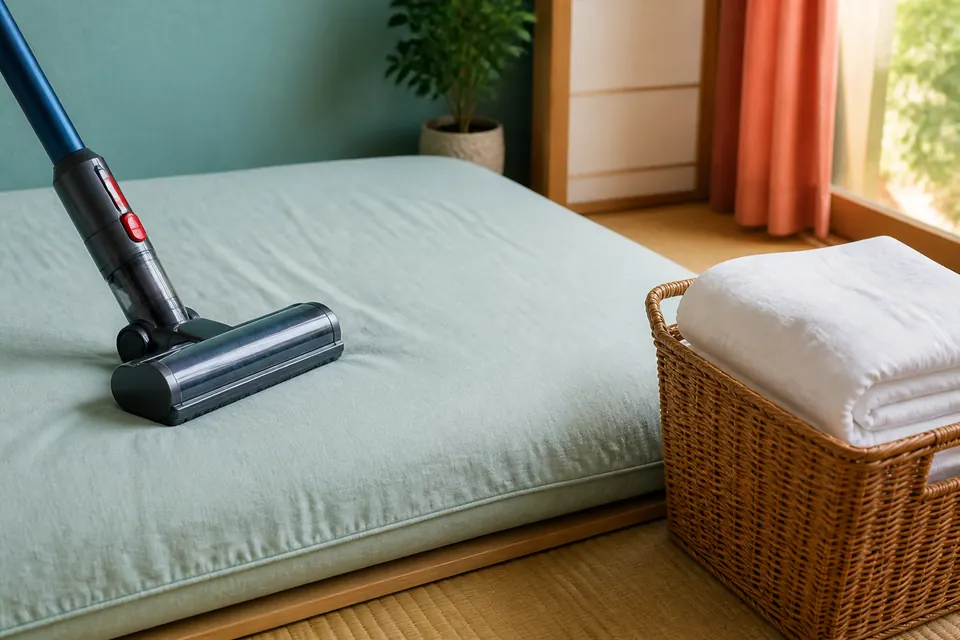 マットレスの表面を掃除機でゆっくり吸い、隣のかごに清潔なカバーを置いている様子