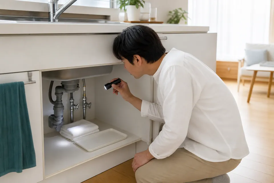 キッチンのシンク下をライトで照らして給水接続部を目視確認する様子