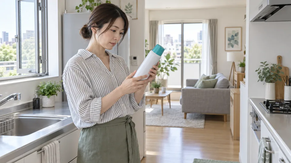 窓を開けた明るい住まいで家庭用殺虫剤の表示を確認する様子