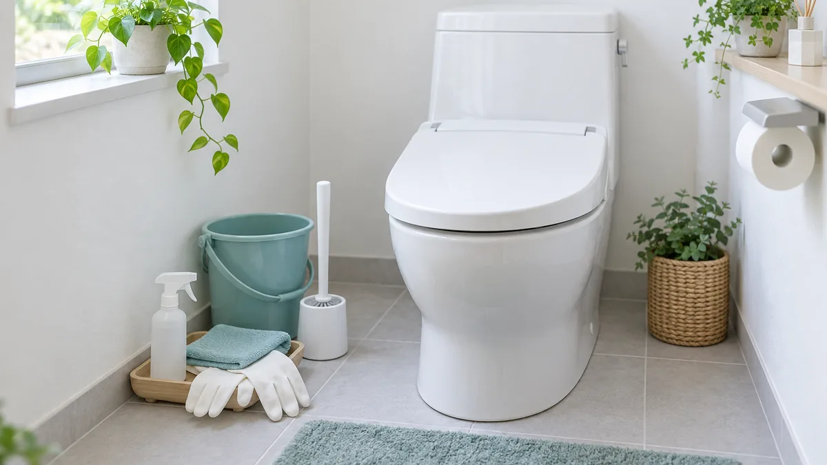 白い便器とトイレブラシ、淡い青緑のバケツ、手袋を清潔に並べたトイレ掃除の準備