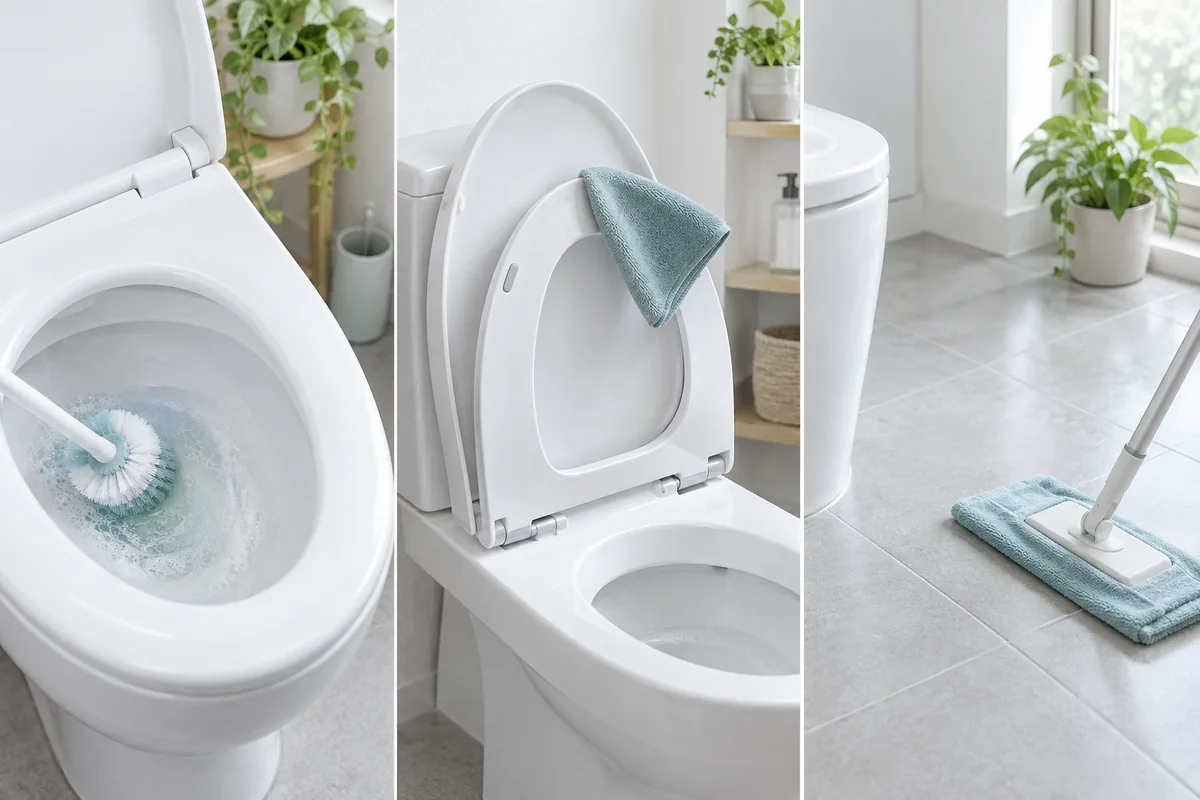 便器の内側、便座とふた、トイレ床を順番に掃除する様子を一枚にまとめた説明用イラスト
