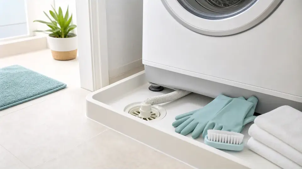 洗濯機の防水パンと排水口を掃除する前に道具を準備した様子