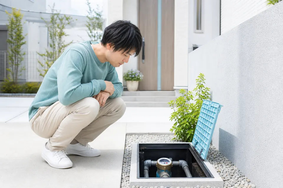 戸建て住宅の入口にある水道メーターボックスを開けて安全に確認する様子